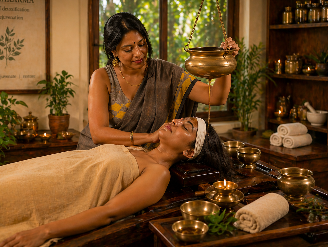 Woman receiving a traditional Ayurvedic treatment with another woman applying oil.